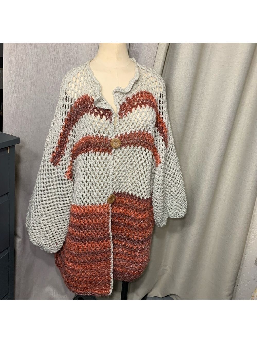 Handmade Chunky Heavy Knit Cardigan Sweater Beige Rust Brown Boho Slouchy O/S - Picture 9 of 9